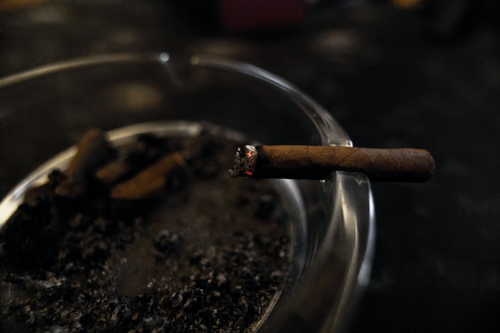 A cigarillo resting in a glass ashtray